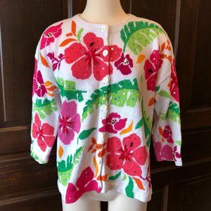 Jane's Closet Hibiscus Floral Cardigan Sweater Beaded Sequins 3/4 Sleeves Size L